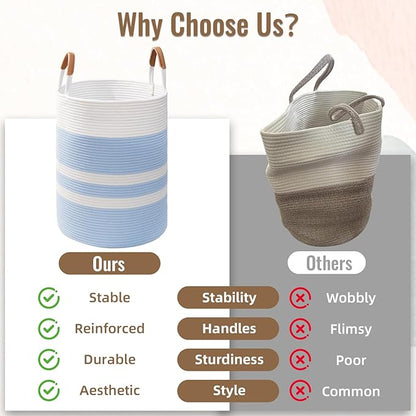 60L Striped Laundry Basket, Blue Laundry Hamper with Leather Handles, Woven Cotton Rope Storage Bin for Blankets, Nursery Hamper for Clothes, Toys In Bathroom, Livingroom, Bedroom