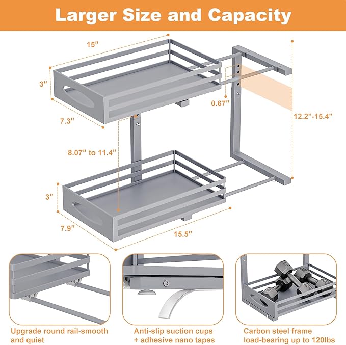 Under Sink Organizer, 2 Tier Under Sink Organizers and Storage, Adjustable Height, Slide out Metal Cabinet Organizers, Pull out Cabinet Storage Drawer Shelf for Kitchen Bathroom Gray 1Pack