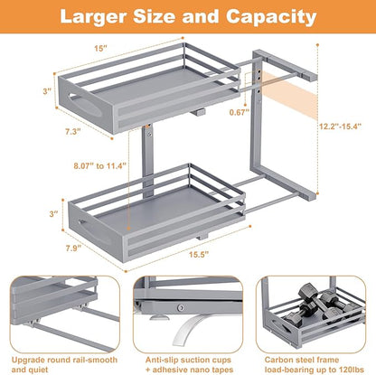 Under Sink Organizer, 2 Tier Under Sink Organizers and Storage, Adjustable Height, Slide out Metal Cabinet Organizers, Pull out Cabinet Storage Drawer Shelf for Kitchen Bathroom Gray 1Pack