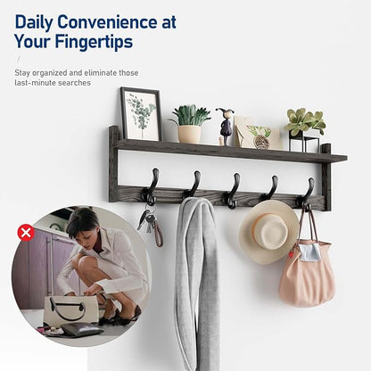 Tatub 29'' Coat Rack Wall Mount with Shelf, Wood Wall Hooks with Storage, Entryway Shelf with 5 Coat Hangers for Bathroom, Living Room, Bedroom, Ebony