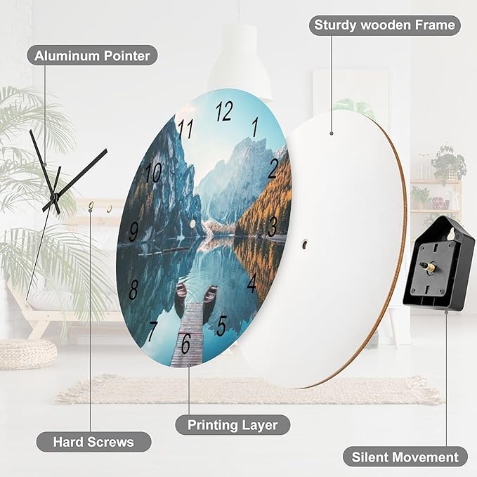 Scenic Nature Wall Clock, Natural Mountain Lake Boat Woodland Autumn Tree Landscape Wall Clocks Battery Operated Silent Non Ticking Round Wooden Clocks for Kitchen Bathroom Living Room 12 Inch