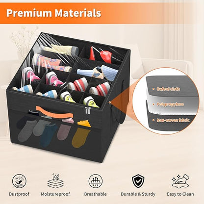 Aokeyee Shoe Organizer for Closet, 2 Pack Foldable Shoe Storage Organizer Box w/Clear Cover and 4 Reinforced Handles, Space Saving Shoes Bin Fits up to 16-32 Pairs, Black