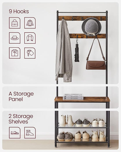 VASAGLE Coat Rack, Hall Tree with Shoe Storage Bench, Entryway Bench with Shoe Storage, 3-in-1, Steel Frame, for Entryway, 12.6 x 27.6 x 68.9 Inches, Industrial, Rustic Brown and Black UHSR41BX