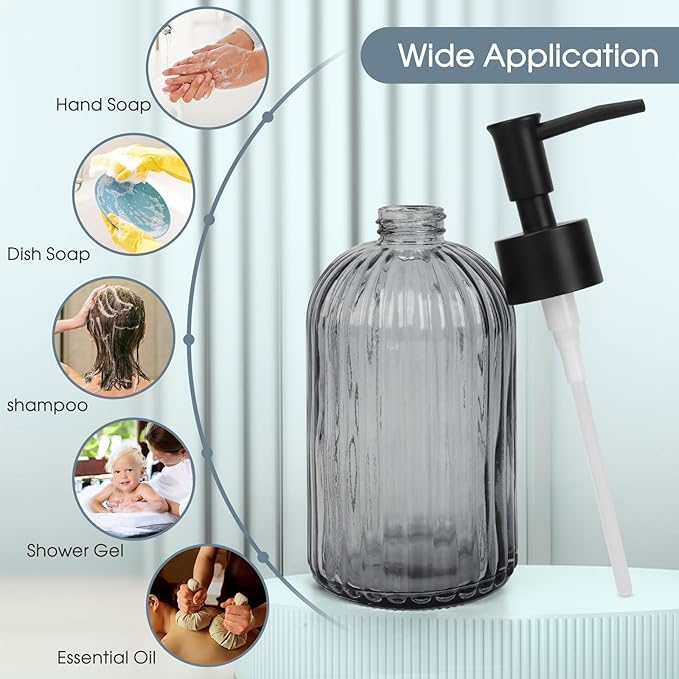 Topsky Glass Soap Dispenser with Plastic Pump, 400ml Liquid Hand Soap Dispenser, Rustproof Pump for Kitchen & Bathroom, Great for Lotions, Essential Oil, Liquid Soaps,Gray