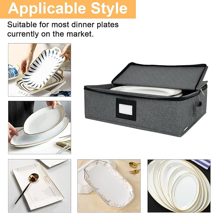 homyfort Platter Storage Case - Stackable China Storage Containers Hard Shell with Durable Zipper & Label & Sturdy Handles, 5.3” Height, Structured Top, 4 Felt Dividers Included (Dark Gray)
