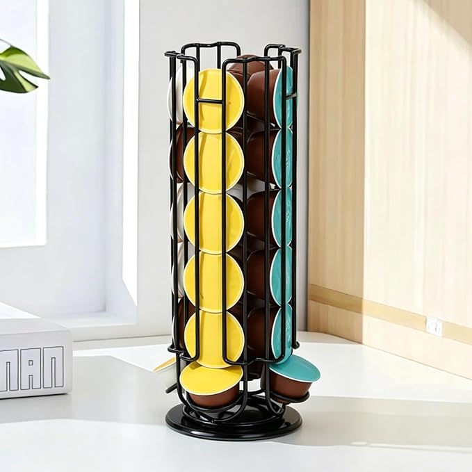 Rotating Coffee Pod Holder for Dolce Gusto Capsules,360° Spinning Coffee Capsule Carousel,48 Pod Capacity Metal Wire Storage Rack,Countertop Coffee Organizer Stand for Kitchen & Office (Black)