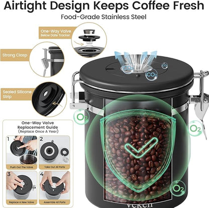Veken Coffee Canister with Window, Family Choice Awards Winner, Airtight Stainless Steel Home Kitchen Food Storage Container with Lids for Grounds, Beans, Tea, Flour,Cereal,Sugar Jars,Scoop,16OZ,Black