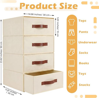 Windyun 4 in 1 Stackable Storage Drawers Closet Organizer with Dividers for Socks Underwear Bras Scarves Ties Large Dresser Organizer Bins Foldable Clothes Storage Boxes, 12 x 15 x 6 Inch(Beige)