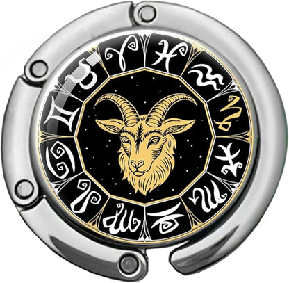 Capricorn Foldable Purse Hook Gifts, Black Gold Zodiac Sign Handbag Hanger, Women's Bag Hanger Holder, Round Purse Table Hook, Funny Capricorn Birthday Gifts for Women Men Astrology Lovers