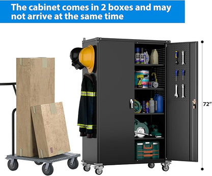 Aobabo Upgraded Wide & Deep Garage Storage Cabinet with Wheels, Metal Storage Cabinet with Door Pegboards and 2 Rod for Garage Home Storage (Black, 43.3''W x 21.9''D x 72''H),Required Assembly