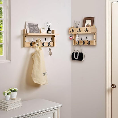 28.9" Wall Hanger Coat Rack Key Holder Wall Mount with Shelf,11Shelf with Coat Hooks Wall Mount, Coat Hangers for Bathroom, Living Room, Bedroom (Wood Color)