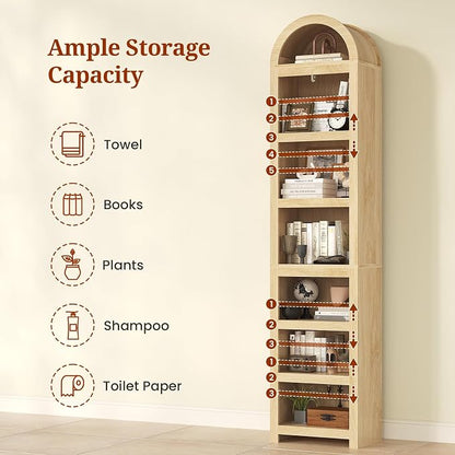 UPOSOJA 76" Tall Narrow Arched Bookcase,7-Teir Mid-Century Modern Bookshelf,Adjustable Shelves offering More Storage Space for Living Room,Kitchen,Home Office,Oak