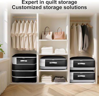 Comforter Storage Bag - 130L Large Capacity Blanket Storage Bags 4-Layer Ultra Space Saving Self Compression Organizer, Washable Compression Bags for Storage Comforter Blanket, 4-Pack, Black
