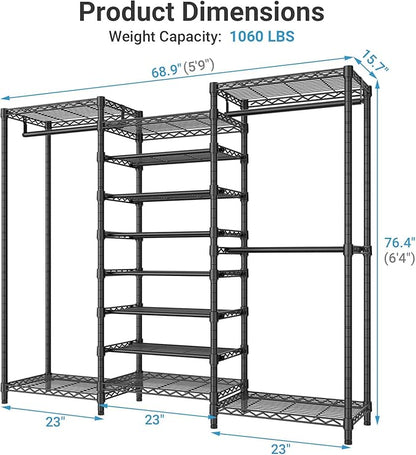 VIPEK S3 Heavy Duty Garment Rack Freestanding Clothes Rack Closet Storage Organizer Large Wardrobe with 6-Tier Shoe Rack, Hanging Rod, Adjustable Shelf, 68.9" L x 15.7" W x 76.4" H, Black