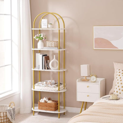 HOOBRO 5 Tier Open Bookshelf, Industrial Arched Bookcase Display Shelf Rack, Wooden Bookcase Storage Shelf Metal Frame, Tall Storage Organizer for Home, Easy Assembly, Gold DM176SJ01