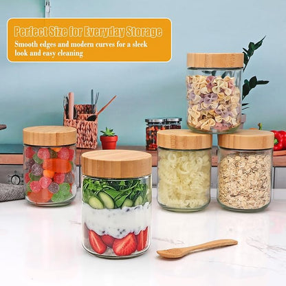 16oz Glass Jars with Lids, Overnight Oats Containers with Bamboo Lids, Wide Mouth Glass Mason Jar Food Storage Containers for Salad,Yogurt,Meal Prep,6 Pack
