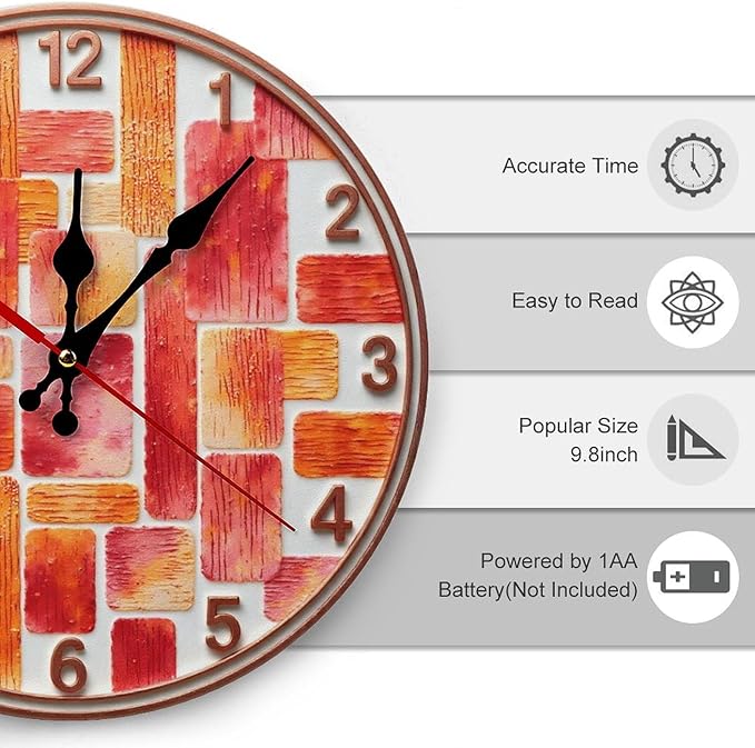 Wall Clock, Abstract Non Ticking Wall Clocks Battery Operated, Copper Wooden Wall Clocks for Kitchen, Living Room, Bedroom, Office, Bathroom Decorative 10 Inch