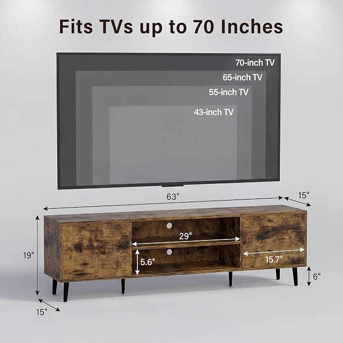 JUMMICO Mid-Century Modern TV Stand for 65-70 Inch TVs, 63 Inch Media Console with Storage, Entertainment Center with Push-Open Cabinets and Cable Management for Living Room (Rustic Brown, 63 Inches)