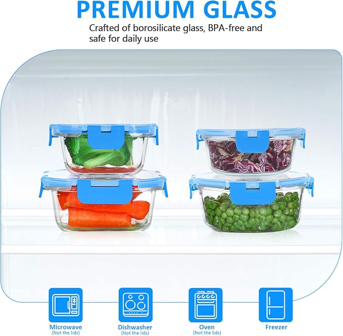 KOMUEE 24 Pieces Glass Food Storage Containers Set,Glass Meal Prep Containers, BPA-Free Airtight Glass Storage Containers with lids,Freezer, Microwave and Oven Safe,Blue