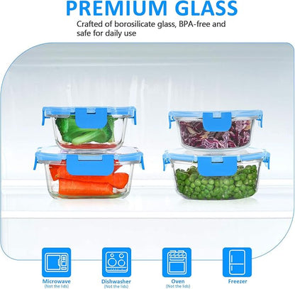 KOMUEE 24 Pieces Glass Food Storage Containers Set,Glass Meal Prep Containers, BPA-Free Airtight Glass Storage Containers with lids,Freezer, Microwave and Oven Safe,Blue