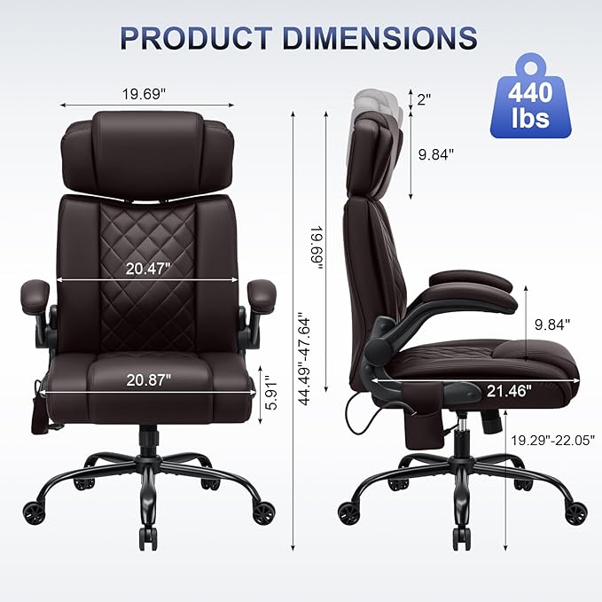 VANSPACE Executive Office Chair with Adjustable Lumbar Support and Headrest 440lbs Ergonomic Computer Chair Comfy High Back Swivel Rolling Office Chair with Flip-up Arms for Heavy People(Brown)