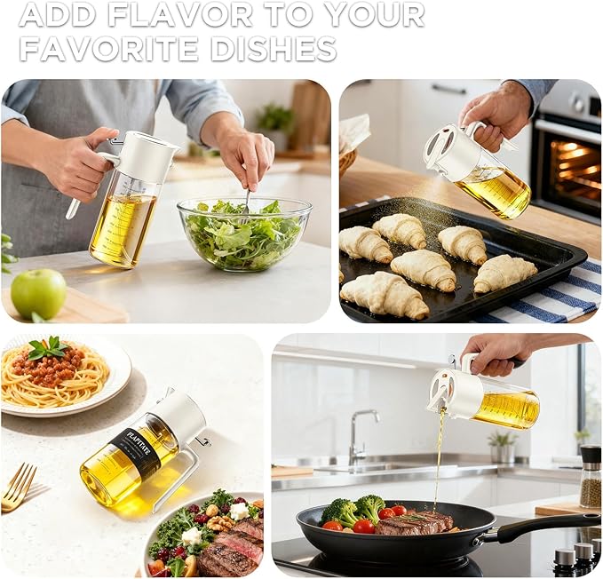 17oz/500ml Premium Olive Oil Sprayer for Cooking, 2 in 1 Glass Olive Oil Dispenser Bottle for Kitchen Gadgets, Spray Bottle with Portion Control for Salad, Frying, BBQ (White)