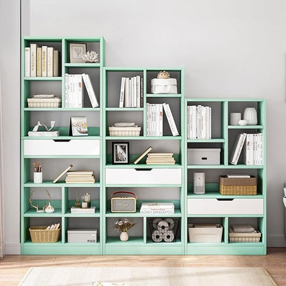 IOTXY Wooden Open Shelf Bookcase - 61 Inches Height Freestanding Display Storage Cabinet Organizer with 8 Cubes and a Drawer, Floor Standing Bookshelf in Tiffany-Green