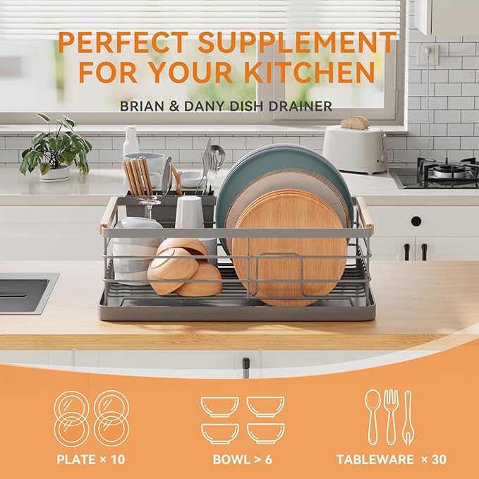 BRIAN & DANY Dish Drying Rack, Dish Racks for Kitchen Counter, Stainless Steel Dish Drainer with Removable Cutlery Holder & Drainboard, Grey