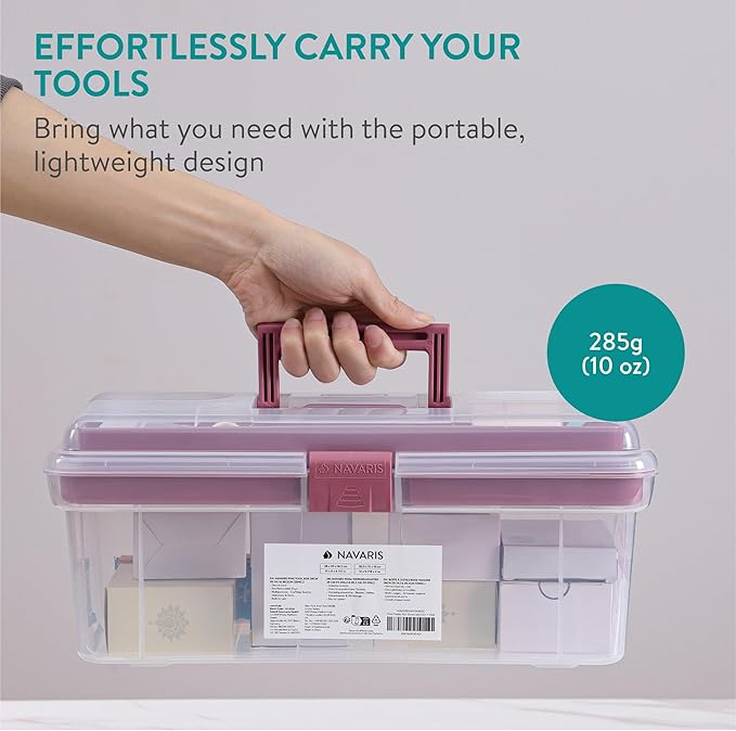 Navaris Plastic Pink Tool Box Set of 2-30.5cm (12") & 38cm (15") - Medicine Storage Boxes with Locking Latch - Organiser Tackle Box with Compartments - Art, Craft, Sewing, & more