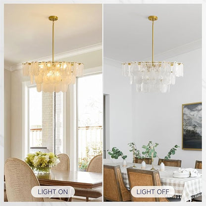 Modern Gold Chandeliers for Living Room: 31.5" Round Luxury Cloud Glass Pendant Lights - 3 Tier Crystal Hanging Light Fixture - Large Chandelier for High Ceilings Dining Room Bedroom Kitchen Staircase