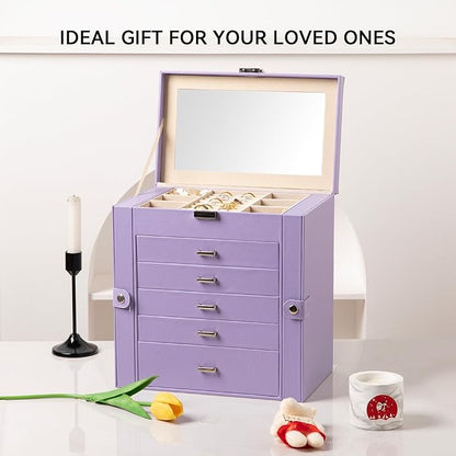 Frebeauty Large Jewelry Box,6-Tier PU Leather Jewelry Organizer,Multi-functional Storage Case with Mirror,Accessories Holder with 5 Drawers for Necklace Bracelets Watches（Purple）