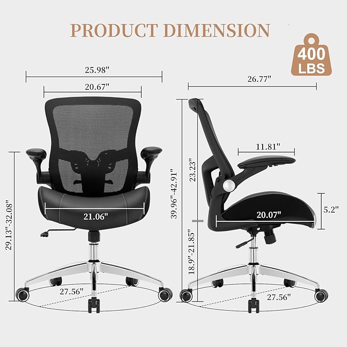 Big and Tall Office Chair 400lbs, Heavy Duty Ergonomic Computer Desk Chair, Leather Office Task Chair for Heavy People with Wide 3D Modeling Foam Seat, Adjustable Lumbar Support and Arms