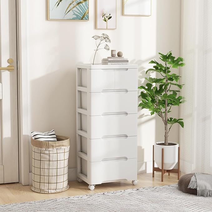 LOKO 6-Drawer Plastic Rolling Storage Cart, Mobile Storage Cabinet with 4 Universal Wheels, Vertical Storage Tower Container Unit for Living Room, Bedroom, Home Office, White (16”x13”x38” (6 Drawers))