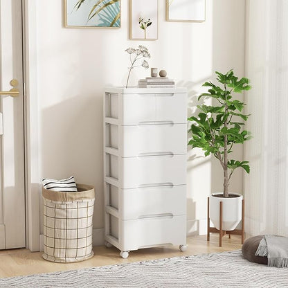 LOKO 6-Drawer Plastic Rolling Storage Cart, Mobile Storage Cabinet with 4 Universal Wheels, Vertical Storage Tower Container Unit for Living Room, Bedroom, Home Office, White (16”x13”x38” (6 Drawers))