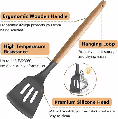 IOCBYHZ Silicone Cooking Utensils Set 5-Piece Non-Stick Kitchen Utensil Set, Wood Handle Heat Resistant Spatula Spoon Turner Soup Ladle Silicone Cooking Kitchen Gadgets BPA Free for Nonstick Cookware
