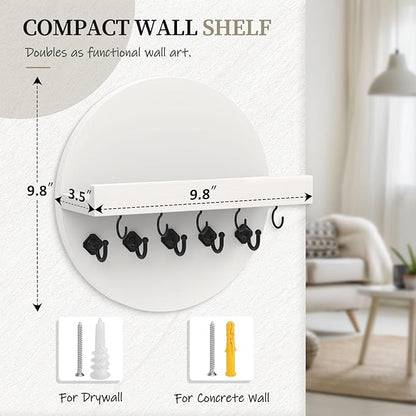 Nekon Key Holder Wall Mount, Key and Mail Organizer for Wall, 9.8 Inch Round Wooden Rustic Wall Organizer for Entryway, Hallway, Kitchen, Office (White)