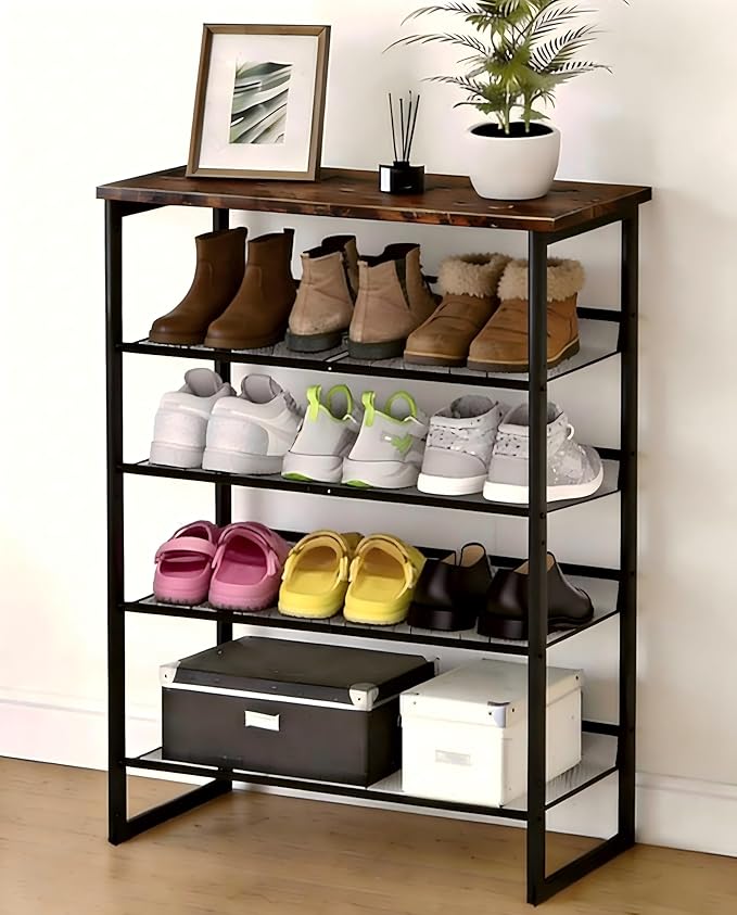 Garden 4 you 5-Tier Tilting Adjustable Freestanding Shoe Rack 12-Pairs for Durability and Stability for Entryways, Hallways, Closets, Dormitory Rooms, and Industries，Brown