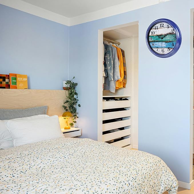 Wall Clocks Battery Operated 12Inch Silent Vintage Rustic Coastal Wall Clock for Kitchen Bedroom Bathroom (Blue)