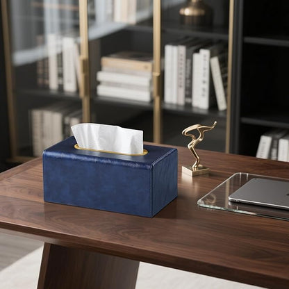 Rectangle Tissue Box Cover for 120-160 Count Box of Tissues, Luxury PU Leather Tissue Holder with Magnetic Closure (Dark Blue)