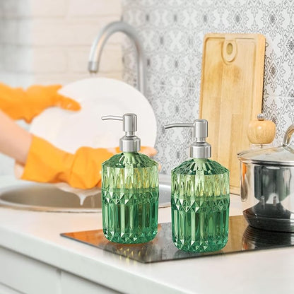 AmazerBath Soap Dispenser, 2 Pack Green Glass Soap Dispenser with Pump Stainless Steel, 14.2OZ Refillable Hand Soap Bottles Bathroom Kitchen