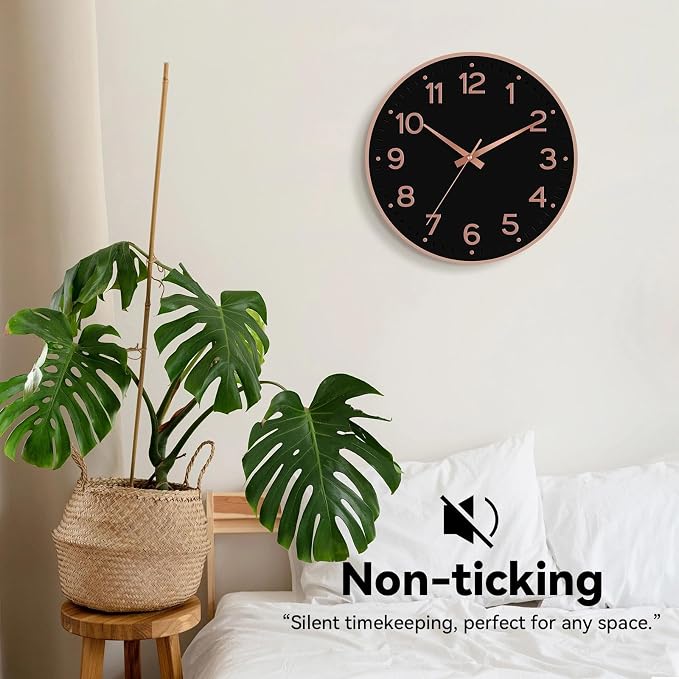 Roymnie Wall Clock 12 Inch Silent Wall Clocks Battery Operated-Modern Non Ticking Analog Clock Decorative for Kitchen Bedroom Office (Black Rose Gold)
