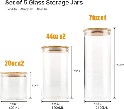 YUNCANG Glass Storage Jars [Set of 5],Clear Glass Food Storage Containers with Airtight Bamboo Lid Stackable Kitchen Canisters for Candy,Cookie,Rice,Sugar,Flour,Pasta,Nuts and Spice Jars(Square)