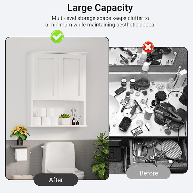 Multi-Purpose Wall Cabinet: Easy-to-Assemble, White Modern Style, 3-Tier Storage. Fits as Kitchen Cabinet, Over-Toilet Cabinet & Bedroom Wall Cabinet