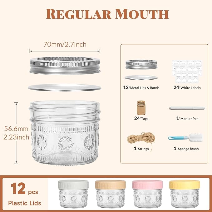 CycleMore 4oz Mason Jars, 12 Pack SunFlower Jar With Silver Separable Lids & Colorful Plastic Lids, Mini Canning Jars for Honey, Jam, Jelly, Wedding Favors, Kitchen Food Storage