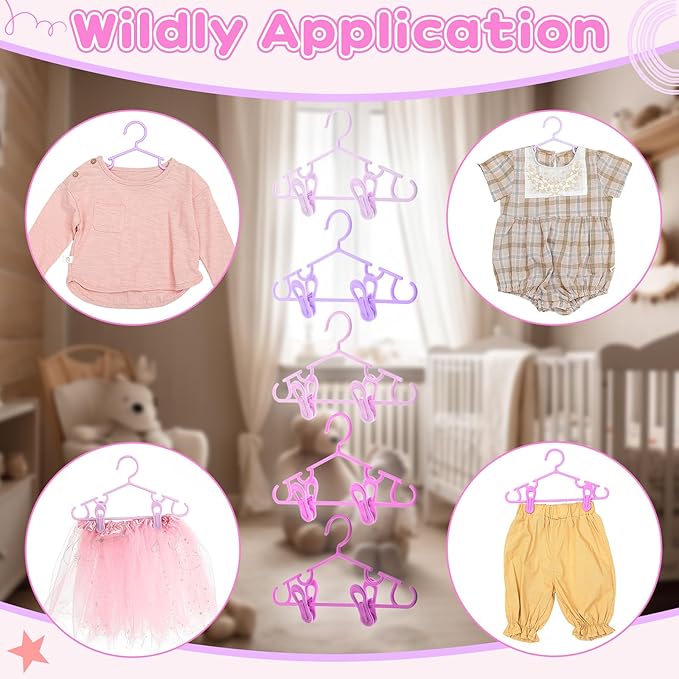 Hsei 5/10/40 Pack Baby Hangers with 10/20/80 Clips, Plastic Kids Pants Hangers for Nursery Closet Top and Bottom Clothes Hanger Set for Newborn Infant Toddler(120 Packs Total,Pink Series,10.6 Inch)