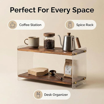 Coffee Station Organizer 2 Tier, Solid Wood Mug Shelffor Coffee Bar,Matcha Station,Tea Storage - Holds Mugs,Beans,Syrup,Cups,Tirrers (Dark Brown Wood Grain, 15.4" L x 5.7" W x 8.2" H)