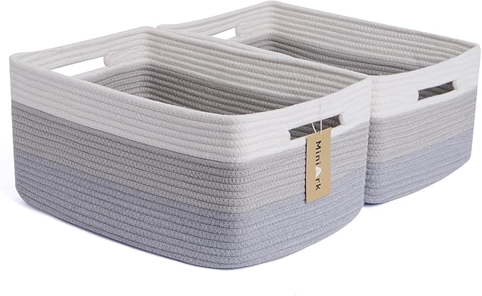 MiniArk Large Storage Baskets for Shelves, Closet Organizers Bins for Clothes Blanket Towels, Baby Nursery, Toy Baskets Box, Woven Rope Baskets, 17 x 13 x 7.5”, 2 Packs Gradient Grey