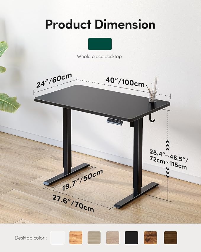 FEZIBO One-Piece Standing Desk Adjustable Height Stand up Home Office Desk, 48x24 Inch Electric Standing Computer Desk, with 4 Memory Presets, Headphone Hook, Black