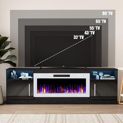 VITESSE TV Stand Fireplace with 36" inch Electric Fireplace Up to 80" TVs, LED Light Entertainment Center, 70" Modern Wood High Gloss with Highlight Storage Cabinet for Living Room (Black)