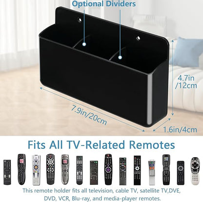 3 Slot Adjustable Remote Control Holder Wall Mount, TV Remote Box Hollow Bottom Slot Easy Phone Charging, Self Adhesive Remote Holder,Wall Pen Holder Storage Accessories for Home Office School (Black)
